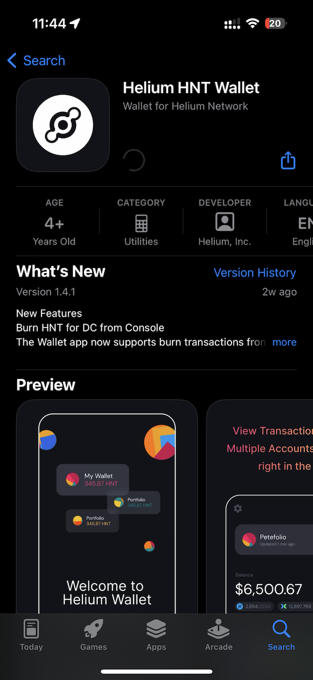 Schermfbeelding van de App Store waarin de Helium Wallet app te zien is