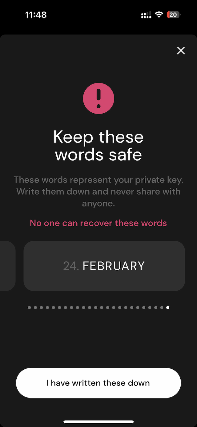 Schermafbeelding waarbij de Helium App de knop toont waarmee de gebruiker aan kan geven alle woorden op te hebben geschreven